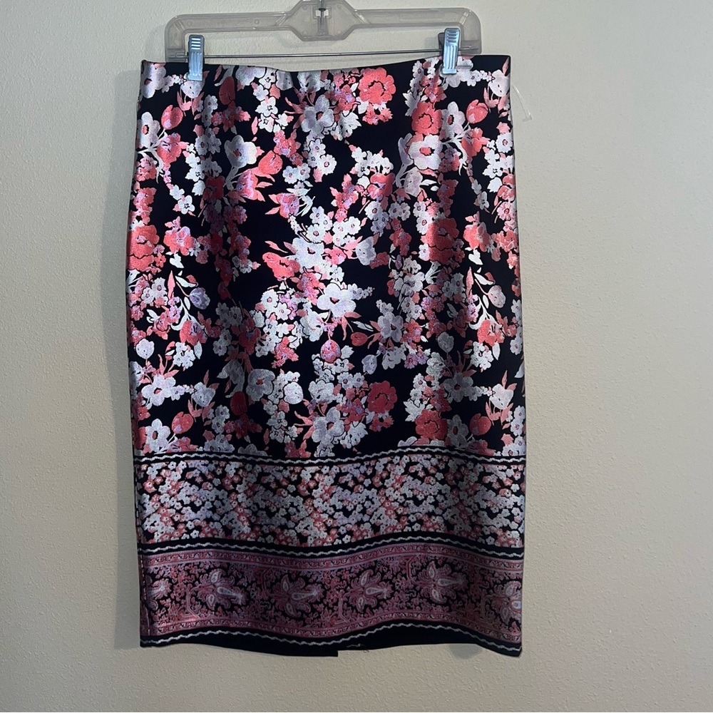 ECI New York Pencil Skirt Women L Black Pink Metallic Floral Brocade Knee Length